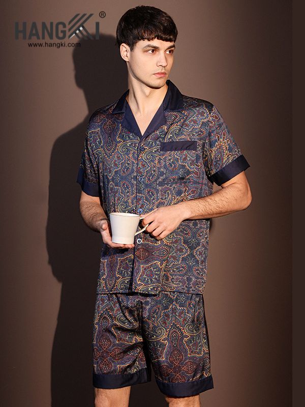 Bộ đồ ngủ lụa nam tay ngắn quần short họa tiết paisley màu xanh navy thương hiệu Hangki