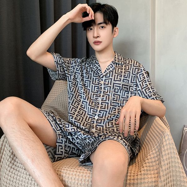 Bộ đồ ngủ nam tay ngắn quần short họa tiết hình học màu xám đen chất liệu mỏng nhẹ